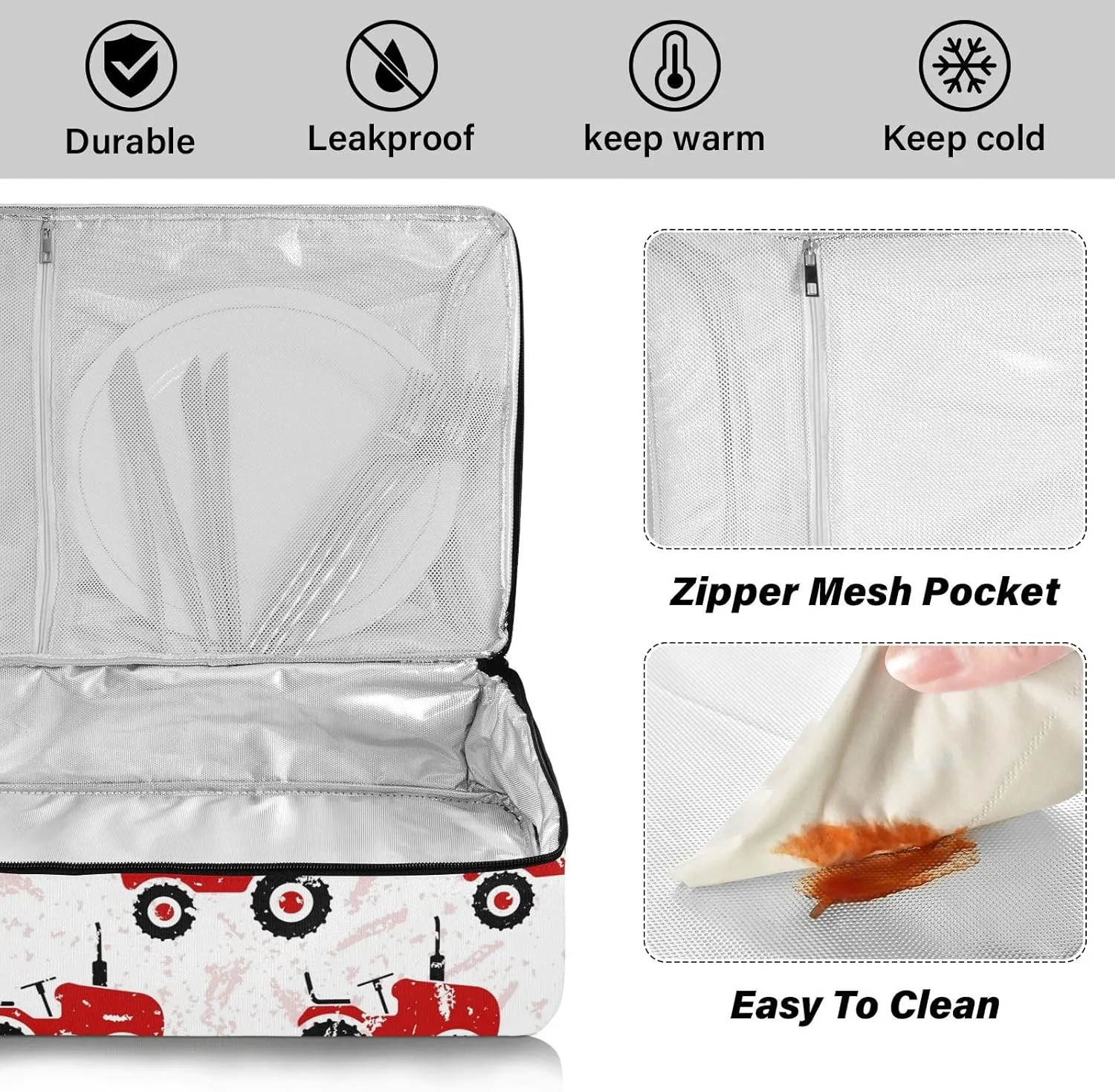 Casserole Carrier Red Old Wheeled Tractors White Insulated Casserole Dish Carrier Lunch Carrier Bag Portable Hot Cold Food Holder Tote Delivery Bag for Picnic Potluck Beach