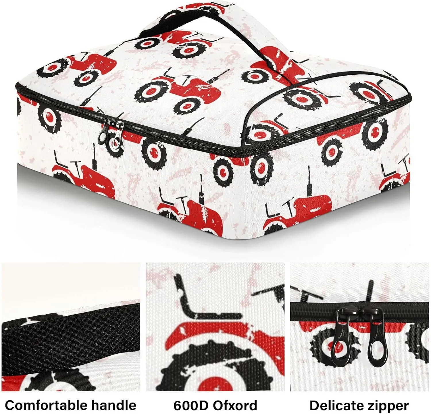 Casserole Carrier Red Old Wheeled Tractors White Insulated Casserole Dish Carrier Lunch Carrier Bag Portable Hot Cold Food Holder Tote Delivery Bag for Picnic Potluck Beach