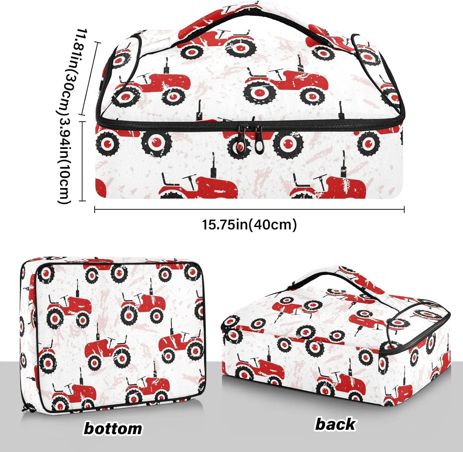 Casserole Carrier Red Old Wheeled Tractors White Insulated Casserole Dish Carrier Lunch Carrier Bag Portable Hot Cold Food Holder Tote Delivery Bag for Picnic Potluck Beach