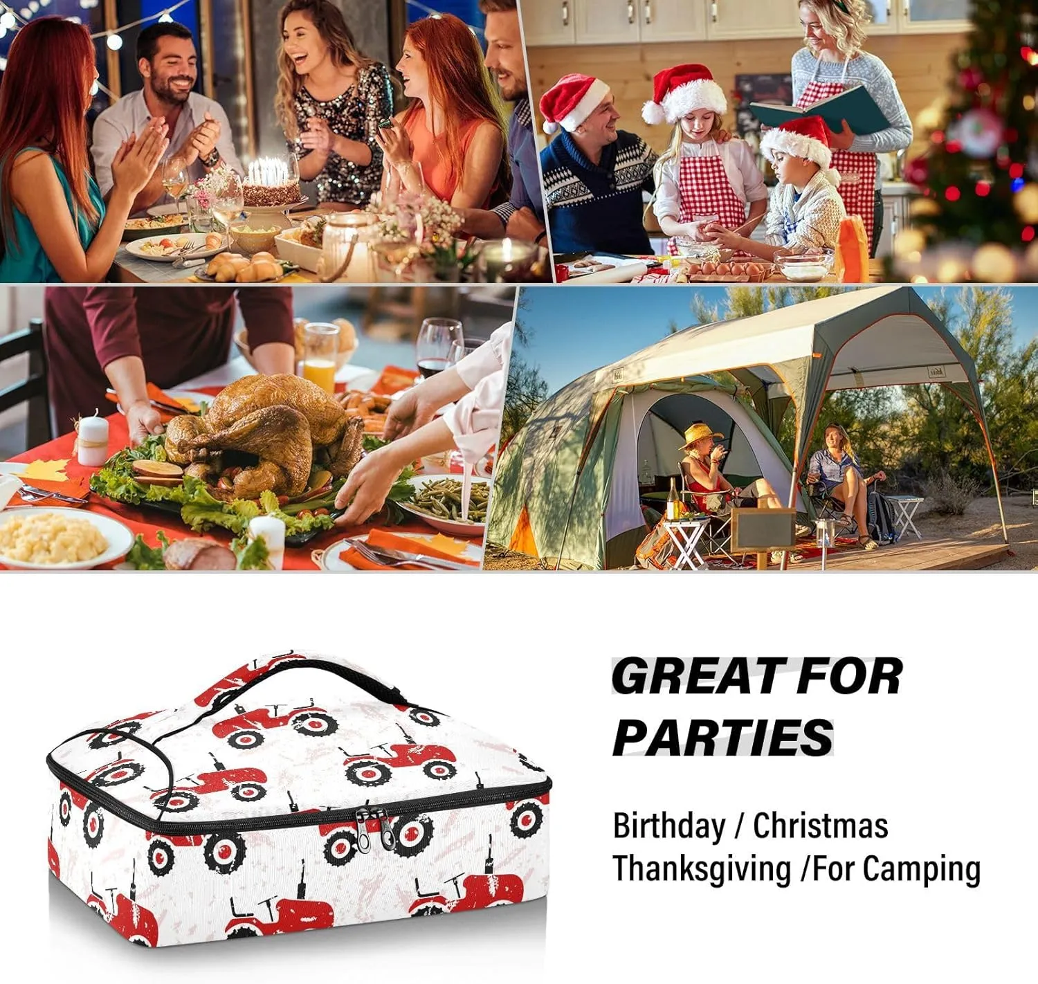 Casserole Carrier Red Old Wheeled Tractors White Insulated Casserole Dish Carrier Lunch Carrier Bag Portable Hot Cold Food Holder Tote Delivery Bag for Picnic Potluck Beach