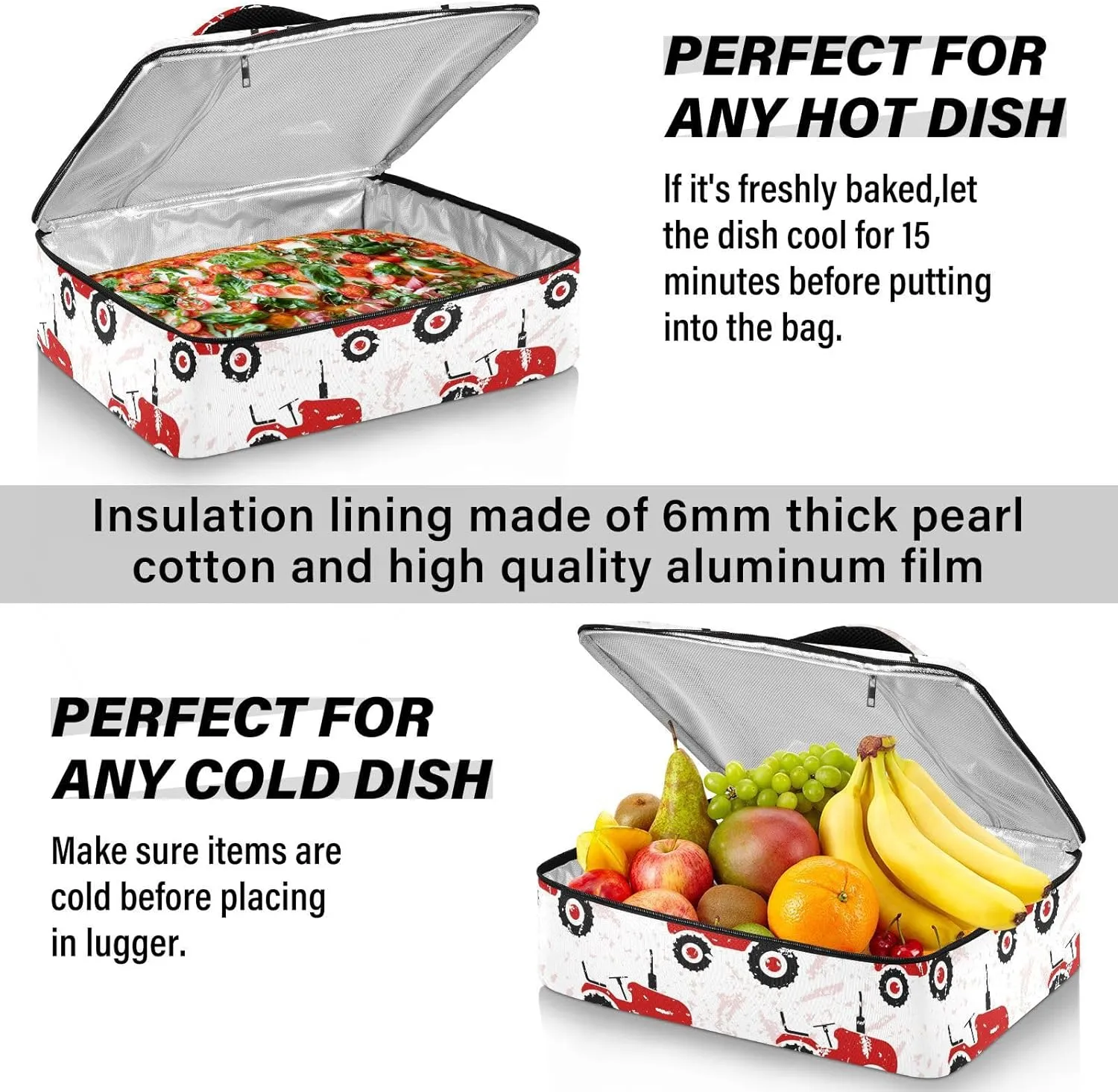 Casserole Carrier Red Old Wheeled Tractors White Insulated Casserole Dish Carrier Lunch Carrier Bag Portable Hot Cold Food Holder Tote Delivery Bag for Picnic Potluck Beach