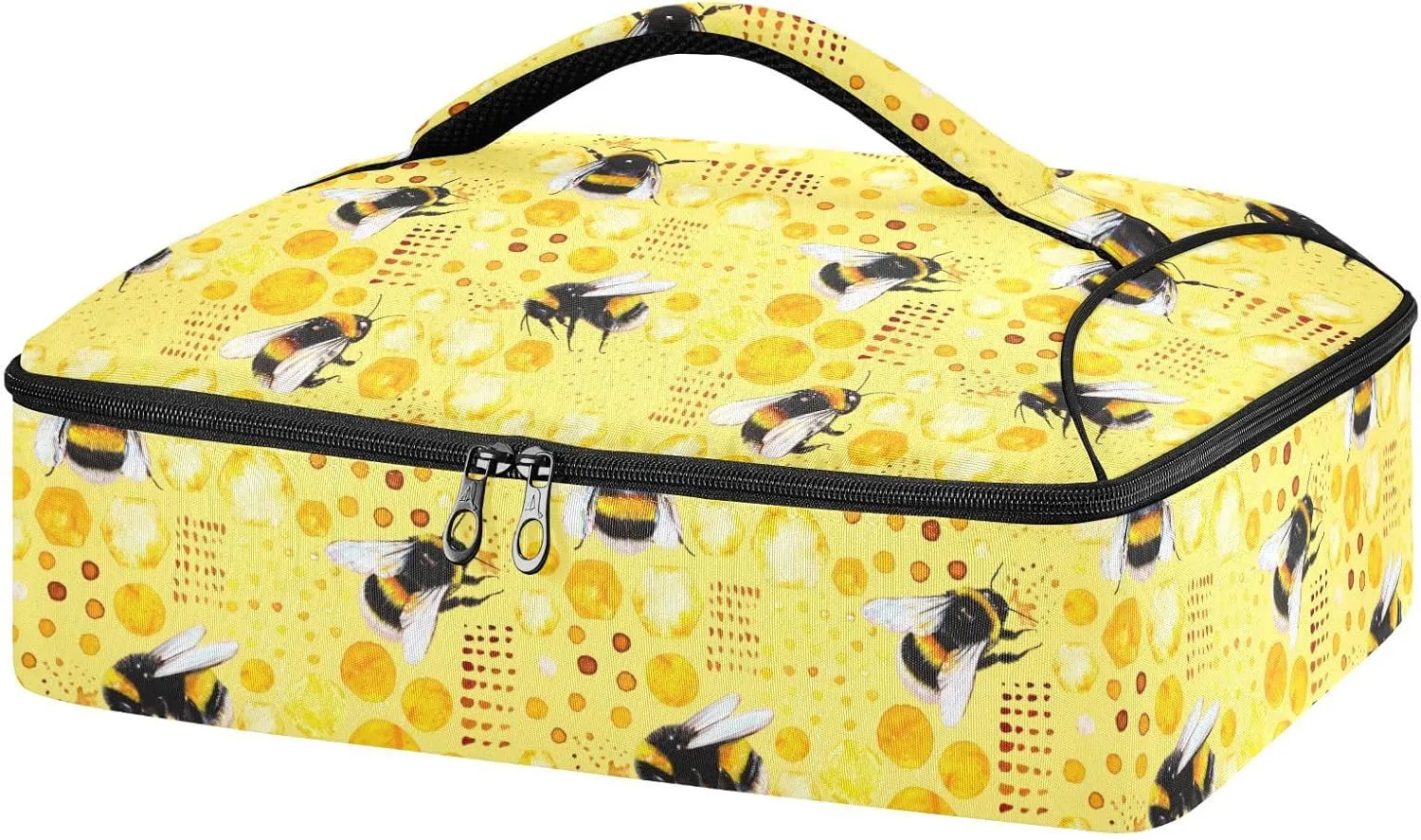 Casserole Carrier Watercolor Bumble Bees Yellow Insulated Casserole Dish Carrier Pollen Honey Lunch Carrier Bag Portable Hot Cold Food Holder Tote Delivery Bag for Picnic Potluck Beach