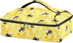 Casserole Carrier Watercolor Bumble Bees Yellow Insulated Casserole Dish Carrier Pollen Honey Lunch Carrier Bag Portable Hot Cold Food Holder Tote Delivery Bag for Picnic Potluck Beach