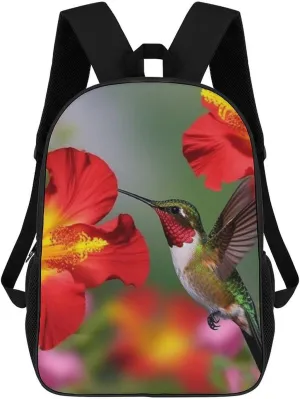 Casual Backpack for Men Women Waterproof Lightweight Daypack Travel Laptop Bag Hummingbirds Red Flower Hibiscus