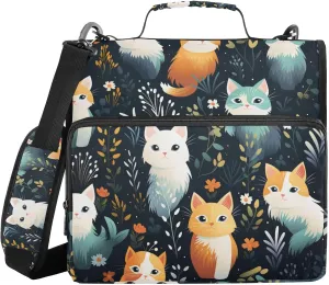 Cats Cartoon Flowers 3 Ring Zipper Binder with Handle 1.5 inch Binder Organizer, Multi Pockets Office File Folder with Shoulder Strap 500 Sheet Capacity
