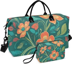 CEBUGI Flower Motif Green Background Quilted Duffle Bag for Women Large Carry On Travel Weekend Bag Hospital Bags for Labor and Delivery