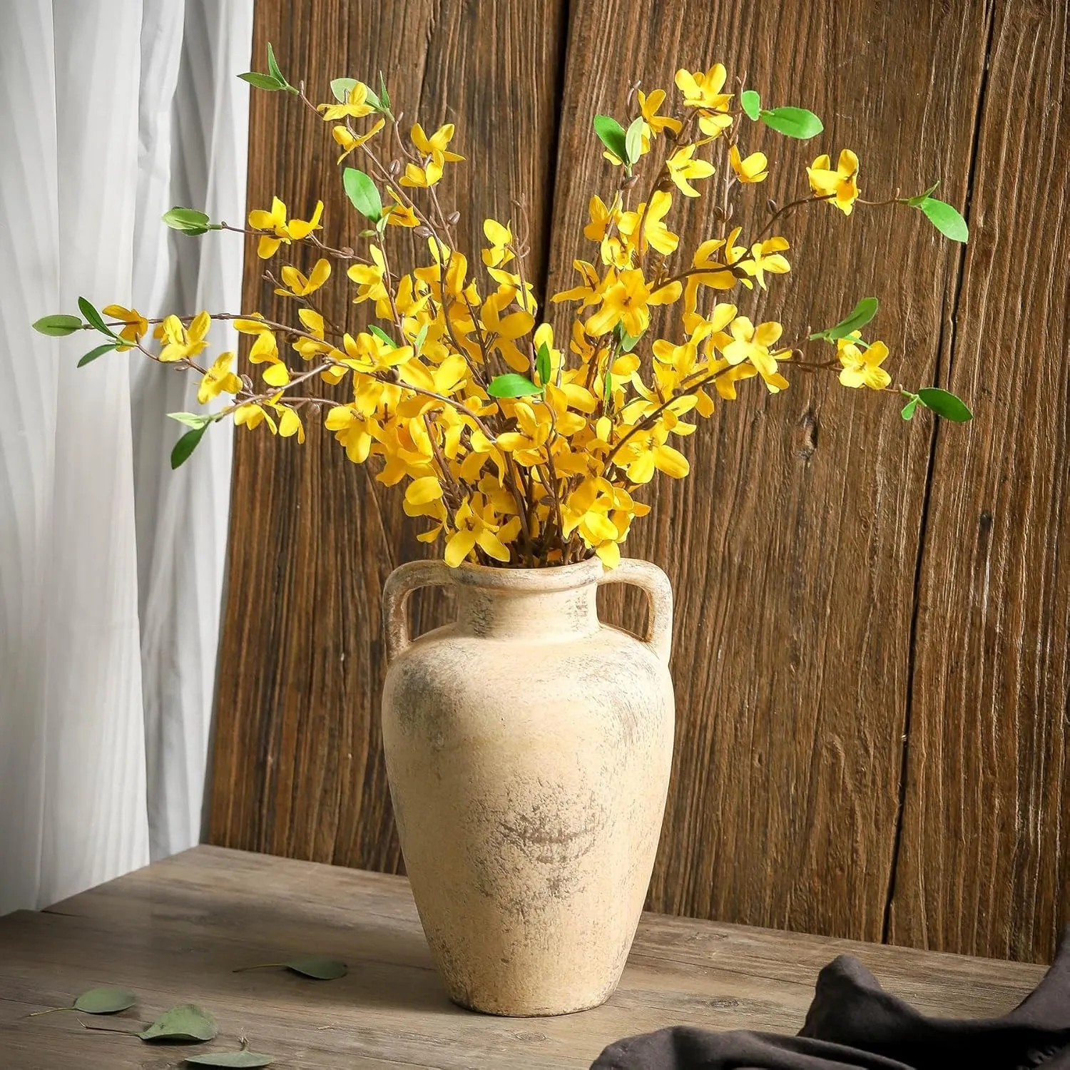 Ceramic Flower Vase, 8.85 inch Tall Terracotta Vase with 2 Handles, Rustic Farmhouse Vase for Home Decor, Living Room Shelf Decor, Enterway, Table