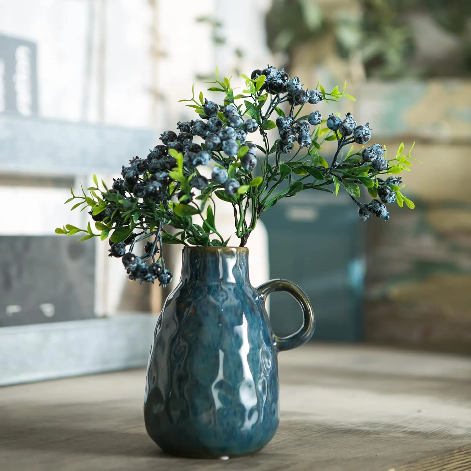 Ceramic Vase Set of 2, Blue Glazed Small Pottery Vases with Handles, Decorative Clay Vase Modern Farmhouse Decor, Centerpiece Dining Table Decorations Porcelain