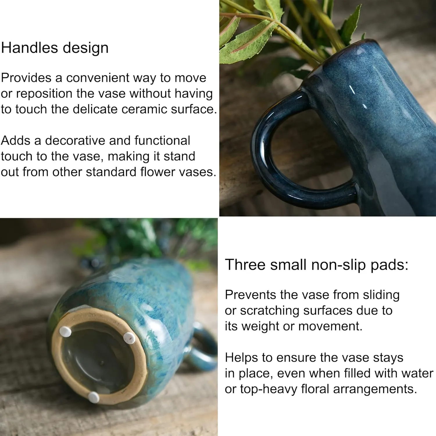 Ceramic Vase Set of 2, Blue Glazed Small Pottery Vases with Handles, Decorative Clay Vase Modern Farmhouse Decor, Centerpiece Dining Table Decorations Porcelain