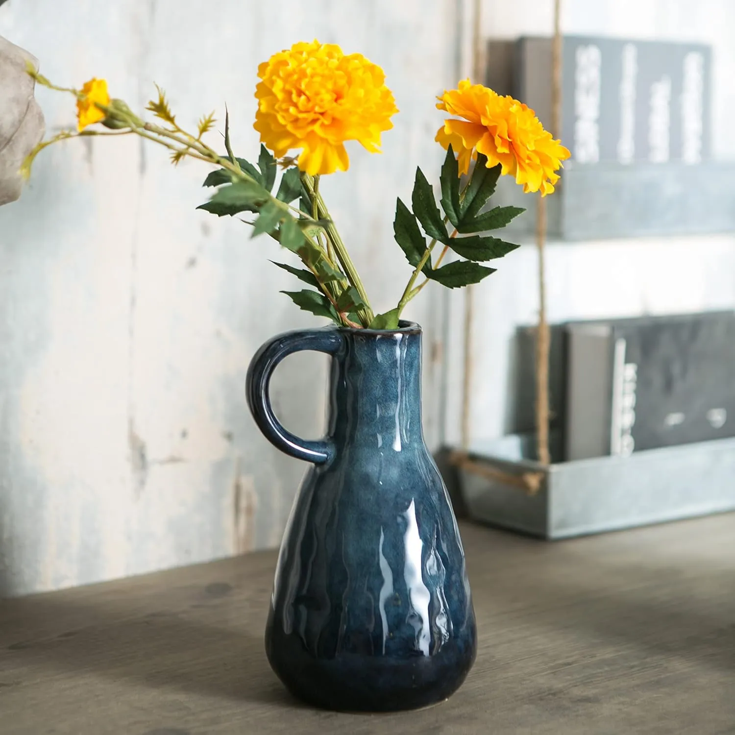 Ceramic Vase Set of 2, Blue Glazed Small Pottery Vases with Handles, Decorative Clay Vase Modern Farmhouse Decor, Centerpiece Dining Table Decorations Porcelain