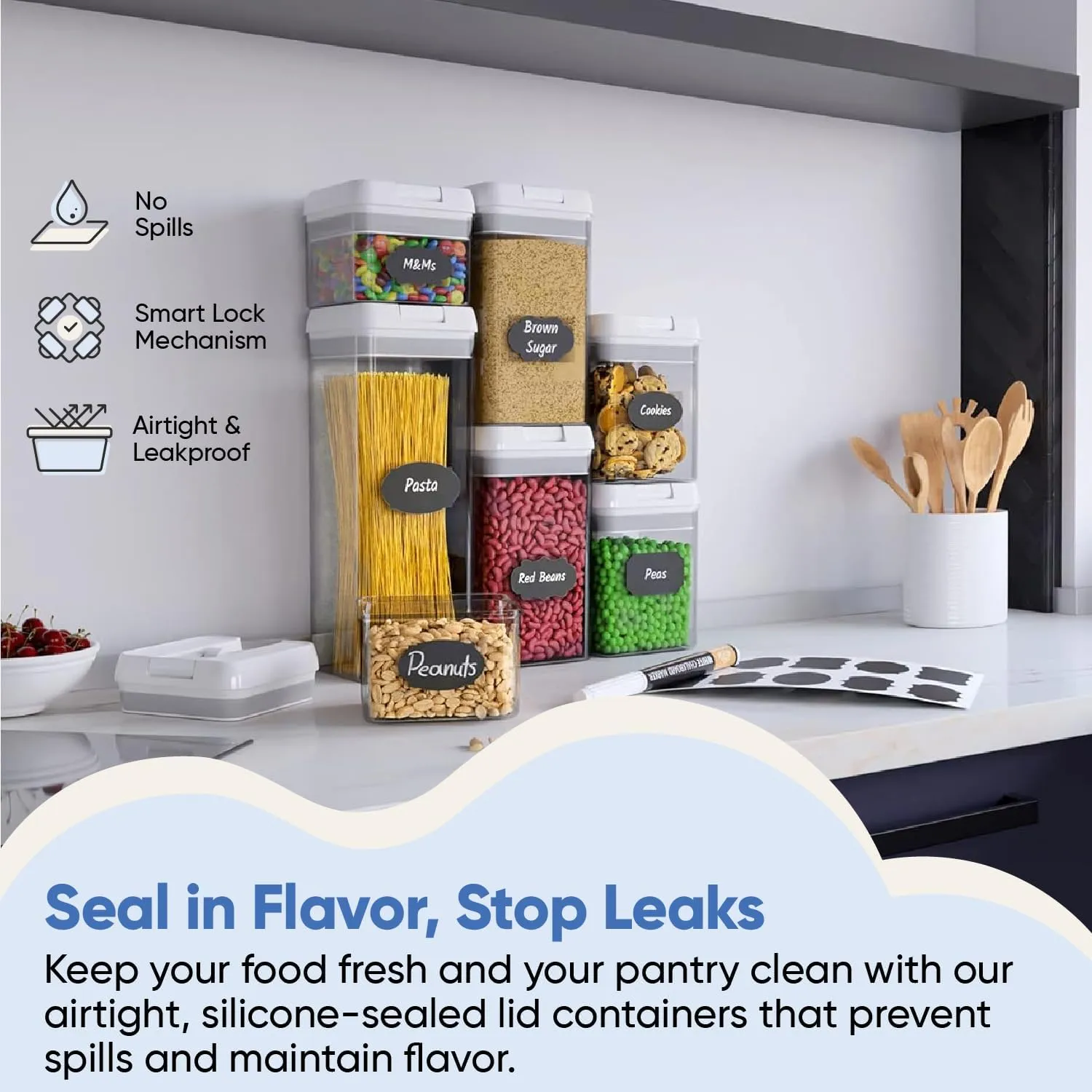 Chef's Path Airtight Food Storage Containers Set - 7 PC - Pantry Organization and Storage 100% Airtight, BPA Free Clear Plastic, Kitchen Canisters for Flour, Sugar and Cereal