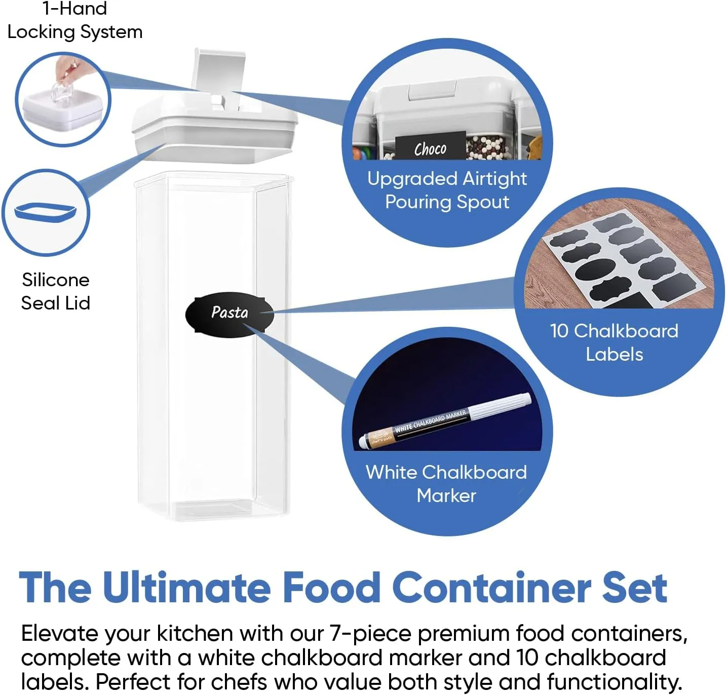 Chef's Path Airtight Food Storage Containers Set - 7 PC - Pantry Organization and Storage 100% Airtight, BPA Free Clear Plastic, Kitchen Canisters for Flour, Sugar and Cereal