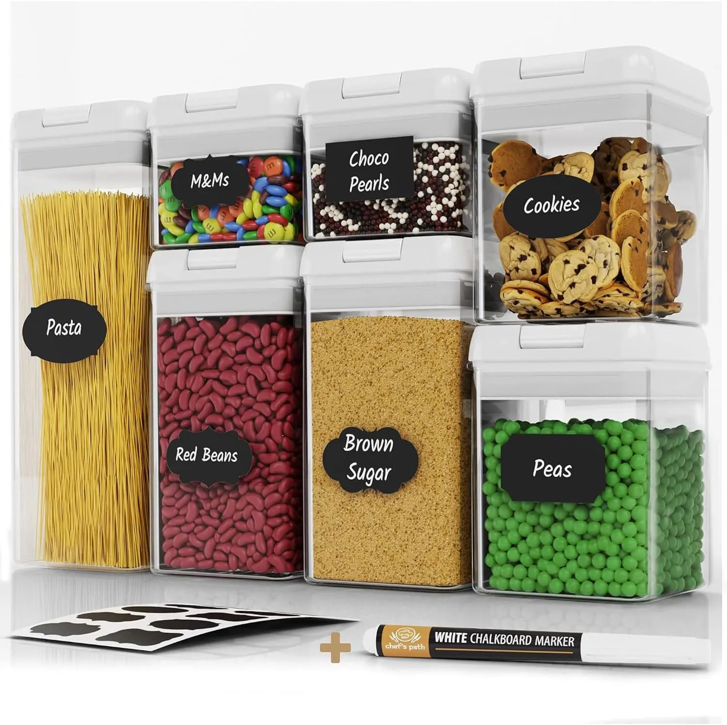 Chef's Path Airtight Food Storage Containers Set - 7 PC - Pantry Organization and Storage 100% Airtight, BPA Free Clear Plastic, Kitchen Canisters for Flour, Sugar and Cereal