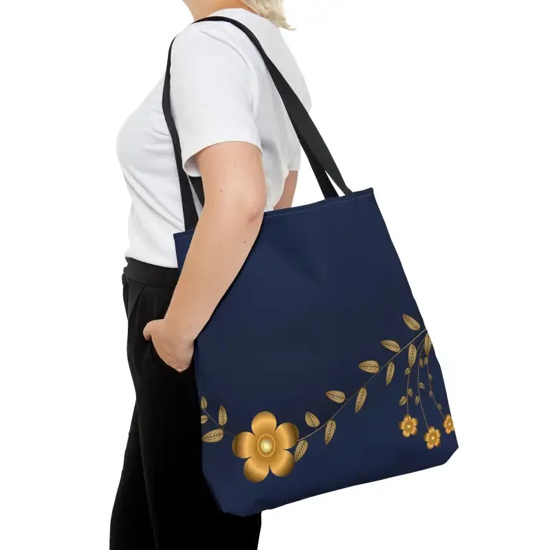 Chic Gold Flowers Navy Blue Tote Bag