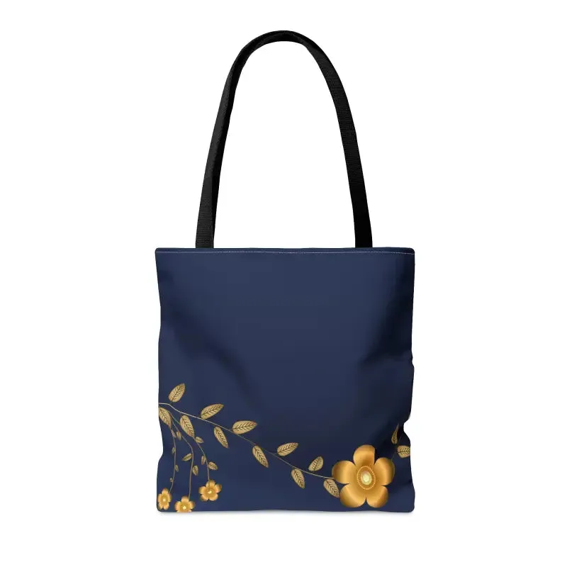 Chic Gold Flowers Navy Blue Tote Bag