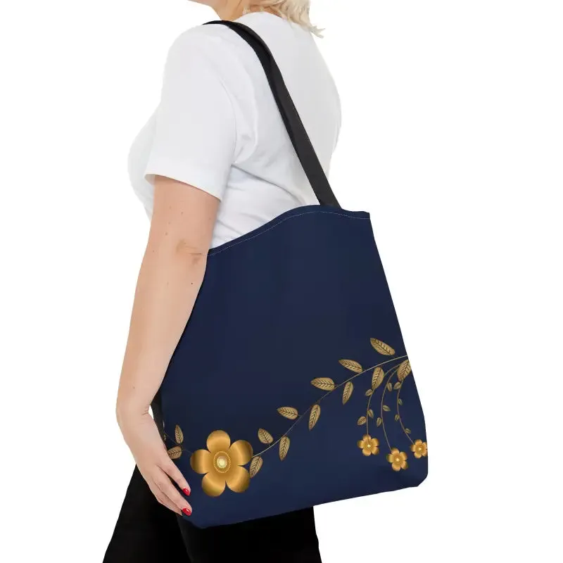 Chic Gold Flowers Navy Blue Tote Bag