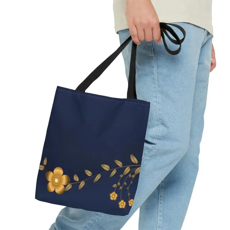 Chic Gold Flowers Navy Blue Tote Bag
