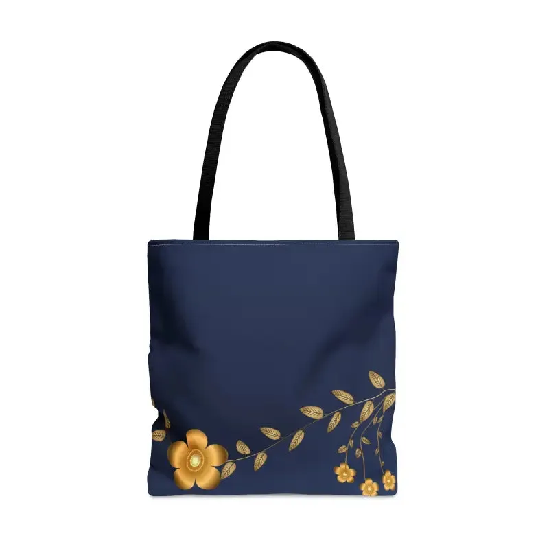Chic Gold Flowers Navy Blue Tote Bag