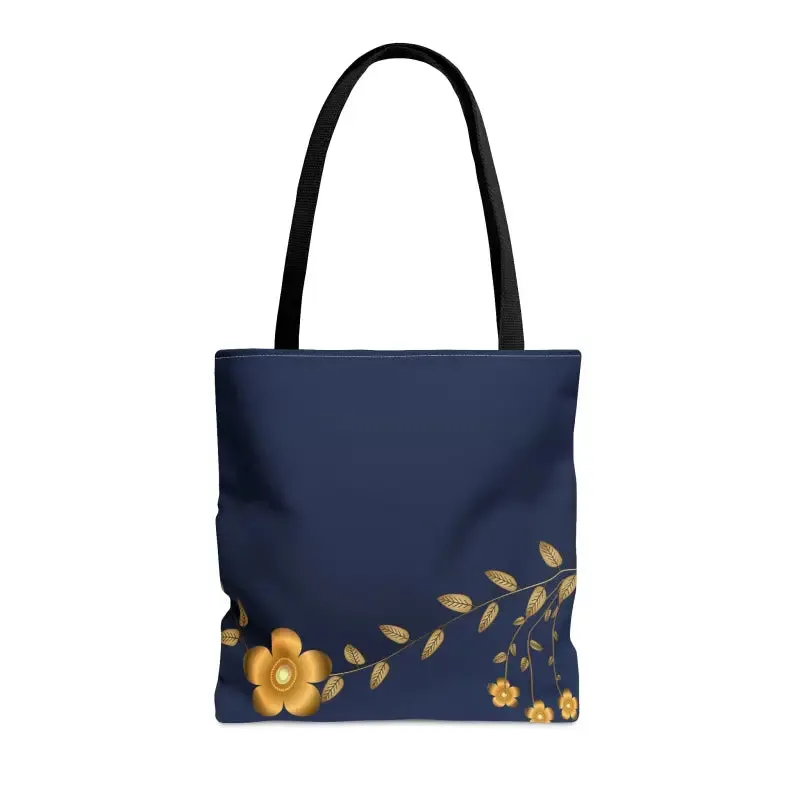 Chic Gold Flowers Navy Blue Tote Bag