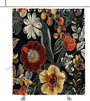 Chic Vintage Floral Shower Curtain Boho Elegant Flowers Shower Curtains Summer Aesthetic Flower Textured Waterproof Bathroom Decor Accessory with Hooks 72" W x 84" H Black