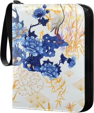 Chinoiserie Birds Bamboos and Peonies Pattern Card Binder for Trading Cards, 4 Pocket with 50 Sleeves up to 400 Cards, Double Sided Pockets Card Holder Carry Case for Baseball Card, Football Card, Gam