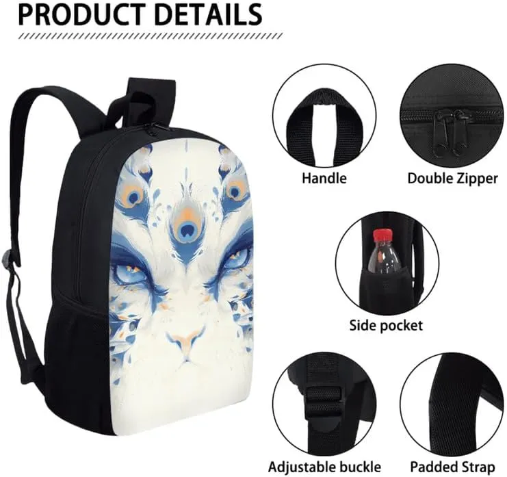 Chinoiserie Lion Dancing School Bag Set for Teens, 3 Piece Chinese Mythical Animal Large Capacity Backpack Set, White Daypack with Lunch Bag and Pencil Case for Teens
