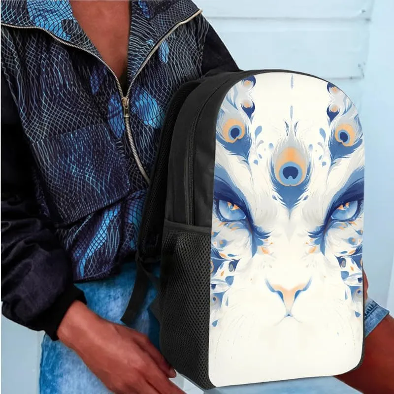 Chinoiserie Lion Dancing School Bag Set for Teens, 3 Piece Chinese Mythical Animal Large Capacity Backpack Set, White Daypack with Lunch Bag and Pencil Case for Teens