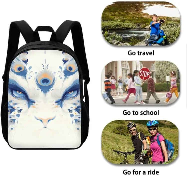 Chinoiserie Lion Dancing School Bag Set for Teens, 3 Piece Chinese Mythical Animal Large Capacity Backpack Set, White Daypack with Lunch Bag and Pencil Case for Teens