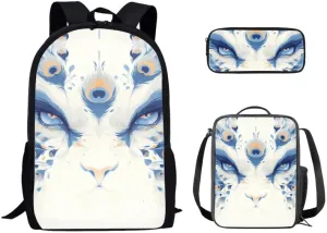Chinoiserie Lion Dancing School Bag Set for Teens, 3 Piece Chinese Mythical Animal Large Capacity Backpack Set, White Daypack with Lunch Bag and Pencil Case for Teens