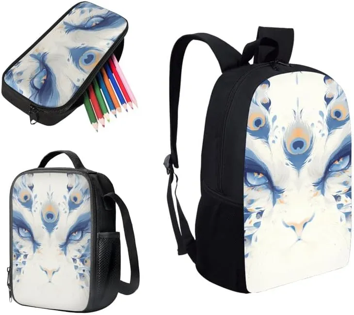 Chinoiserie Lion Dancing School Bag Set for Teens, 3 Piece Chinese Mythical Animal Large Capacity Backpack Set, White Daypack with Lunch Bag and Pencil Case for Teens
