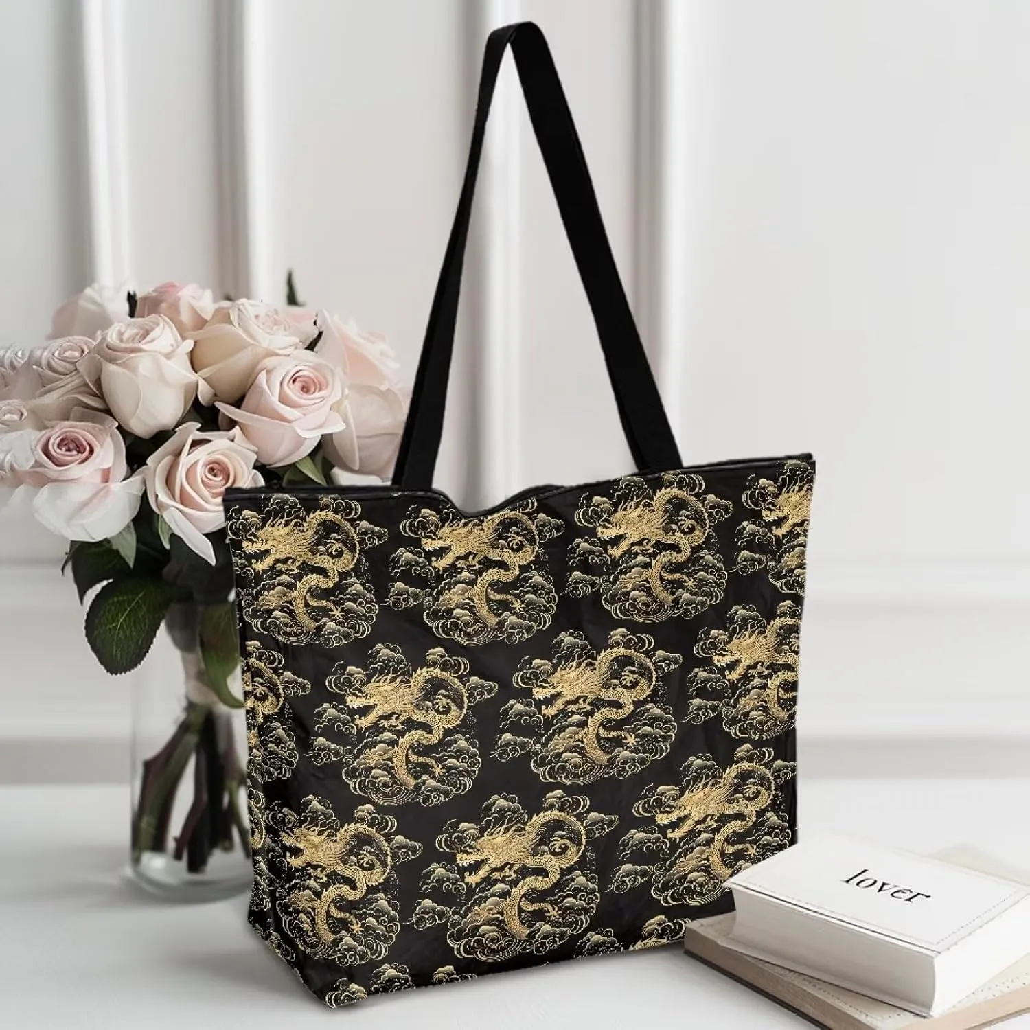 Christmas Pinecone Foldable Tote Bags, Adorable Dog Animal Handbag, Retro Flower Field Reusable Paper Commute Bag