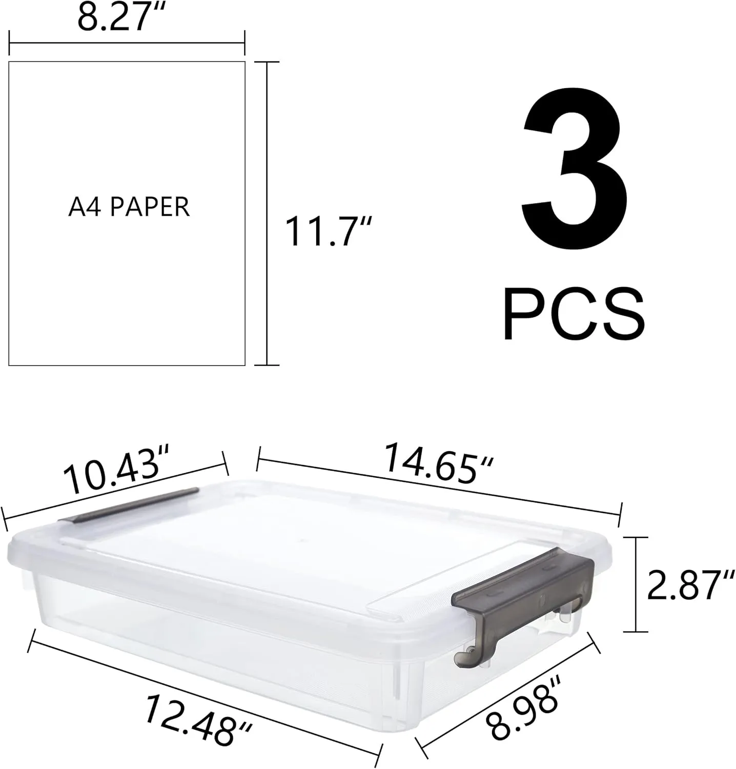 Citylife 3 PCS Plastic Storage Bins with Latching Lids Portable Project Case Clear File Box Stackable Storage Containers for Organizing A4 Paper, Photo, Document, Scrapbook