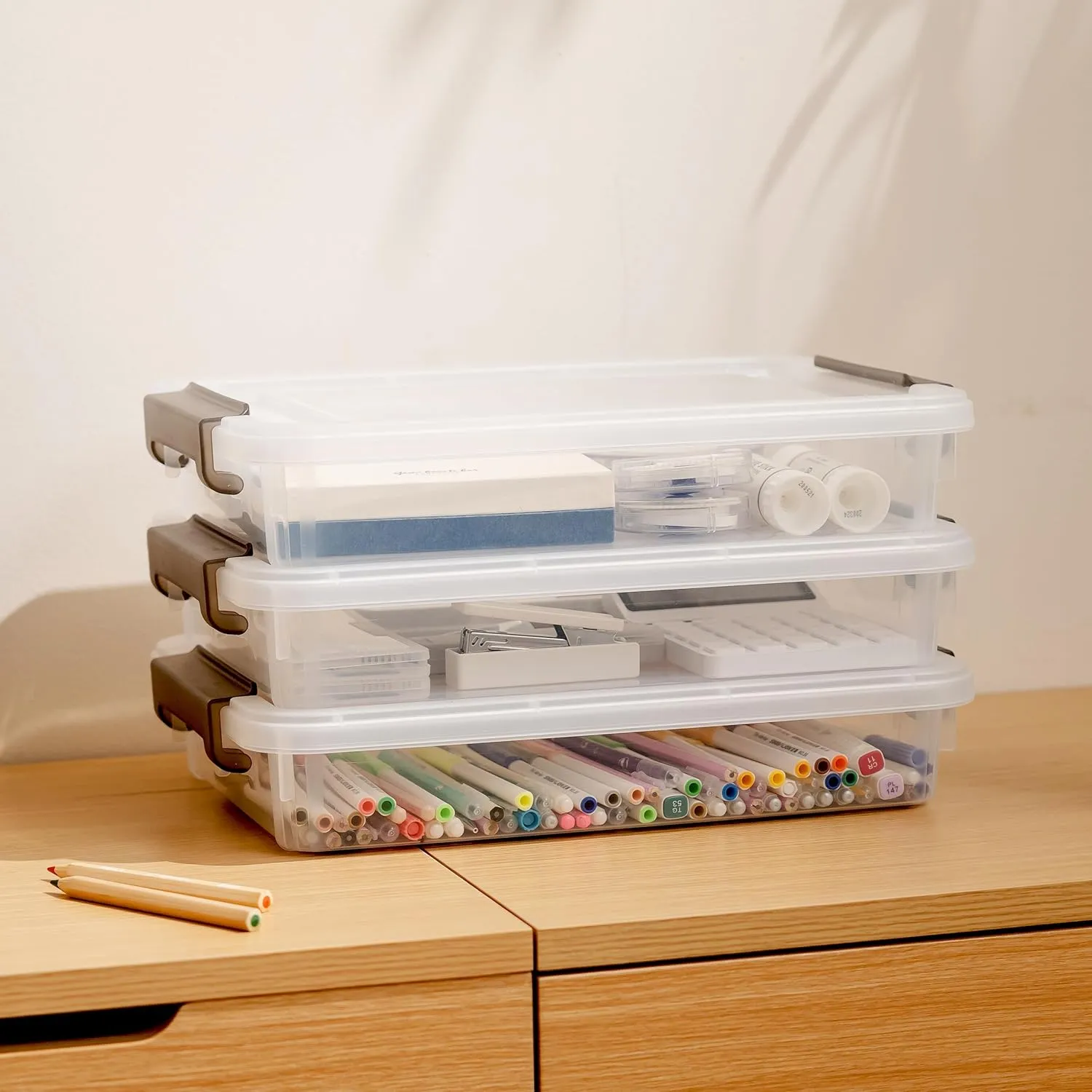 Citylife 3 PCS Plastic Storage Bins with Latching Lids Portable Project Case Clear File Box Stackable Storage Containers for Organizing A4 Paper, Photo, Document, Scrapbook