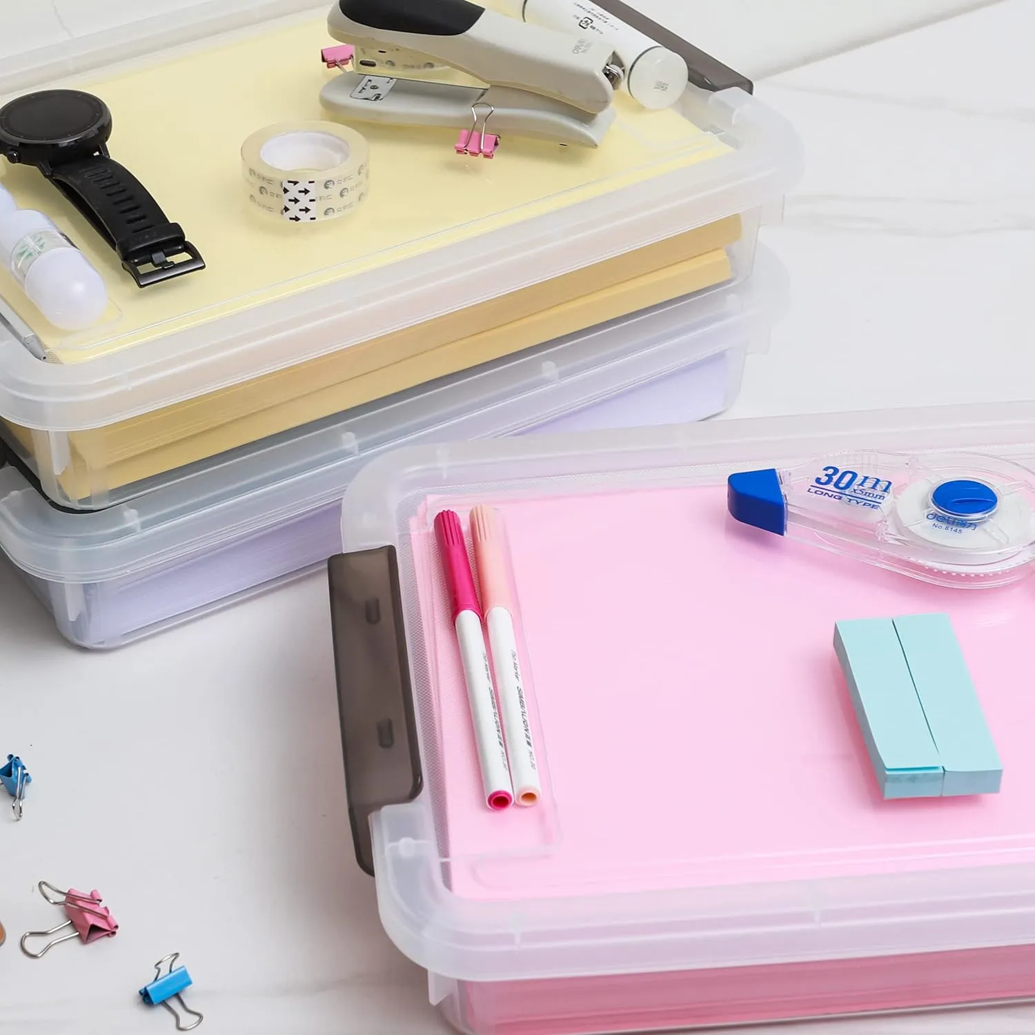 Citylife 3 PCS Plastic Storage Bins with Latching Lids Portable Project Case Clear File Box Stackable Storage Containers for Organizing A4 Paper, Photo, Document, Scrapbook