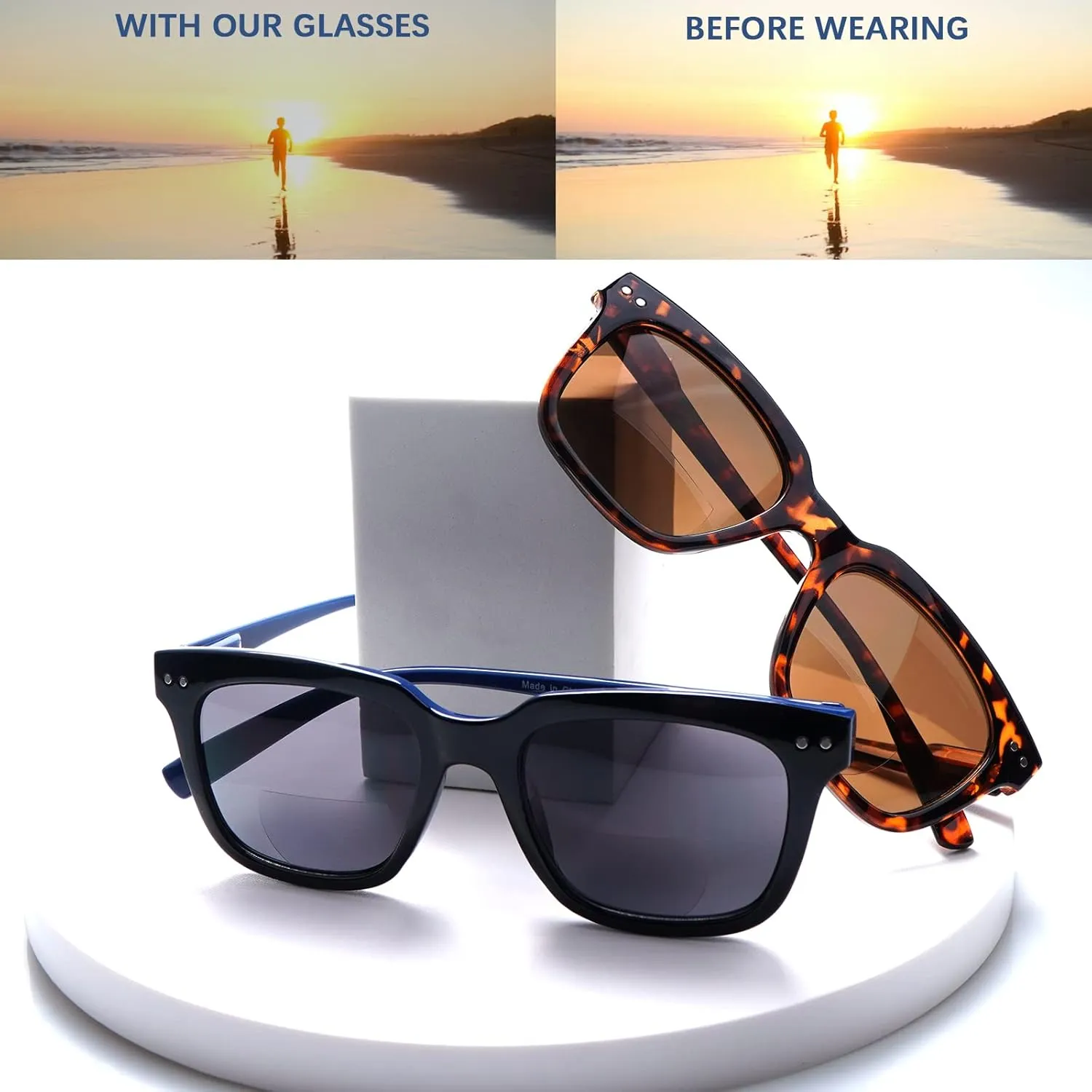 CLASAGA Bifocal Reading Glasses Sunglasses Readers for Women Men, UV400 Protection Sun Readers Spring Hinges Retro Frame