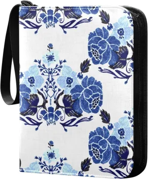 Classic Chinoiserie Blue Floral Pattern Card Binder for Trading Cards, 4 Pocket with 50 Sleeves up to 400 Cards, Double Sided Pockets Card Holder Carry Case for Baseball Card, Football Card, Gaming Ca