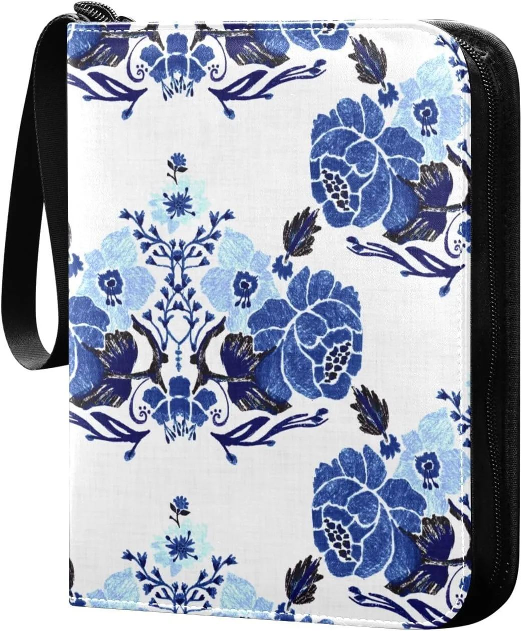 Classic Chinoiserie Blue Floral Pattern Card Binder for Trading Cards, 4 Pocket with 50 Sleeves up to 400 Cards, Double Sided Pockets Card Holder Carry Case for Baseball Card, Football Card, Gaming Ca