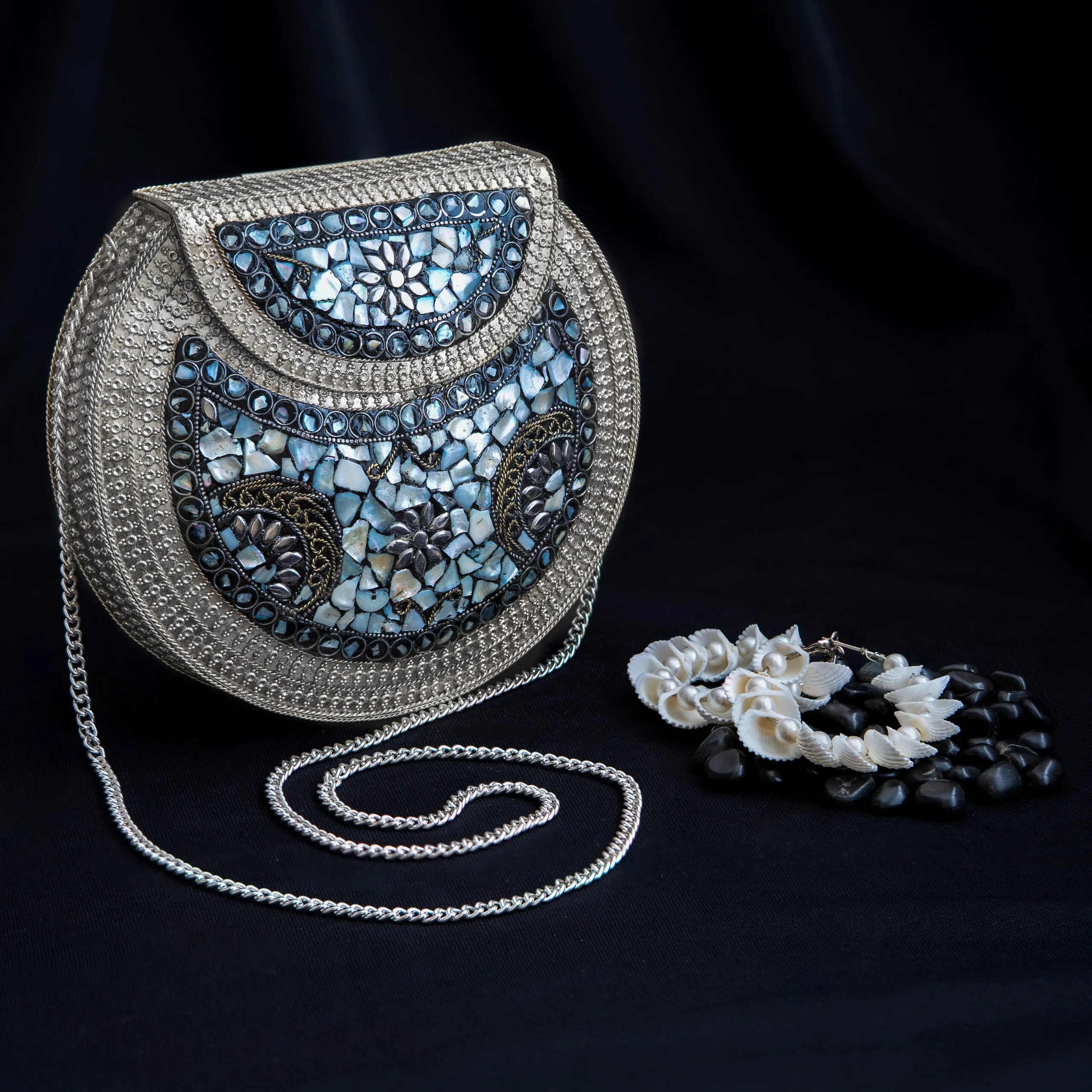 Classic White Stone Adorned Circle Clutch