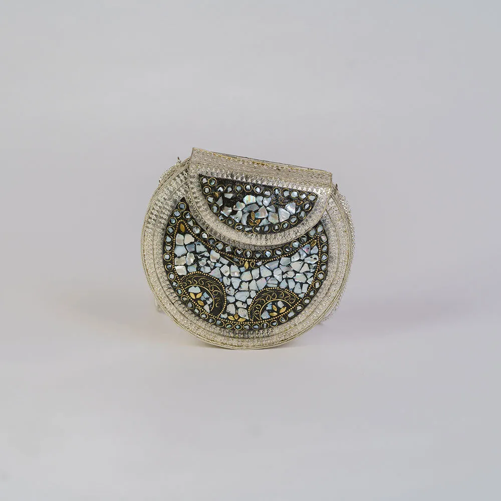Classic White Stone Adorned Circle Clutch