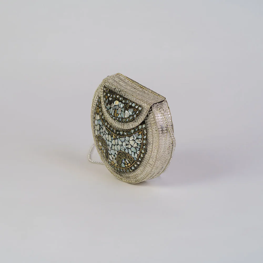 Classic White Stone Adorned Circle Clutch
