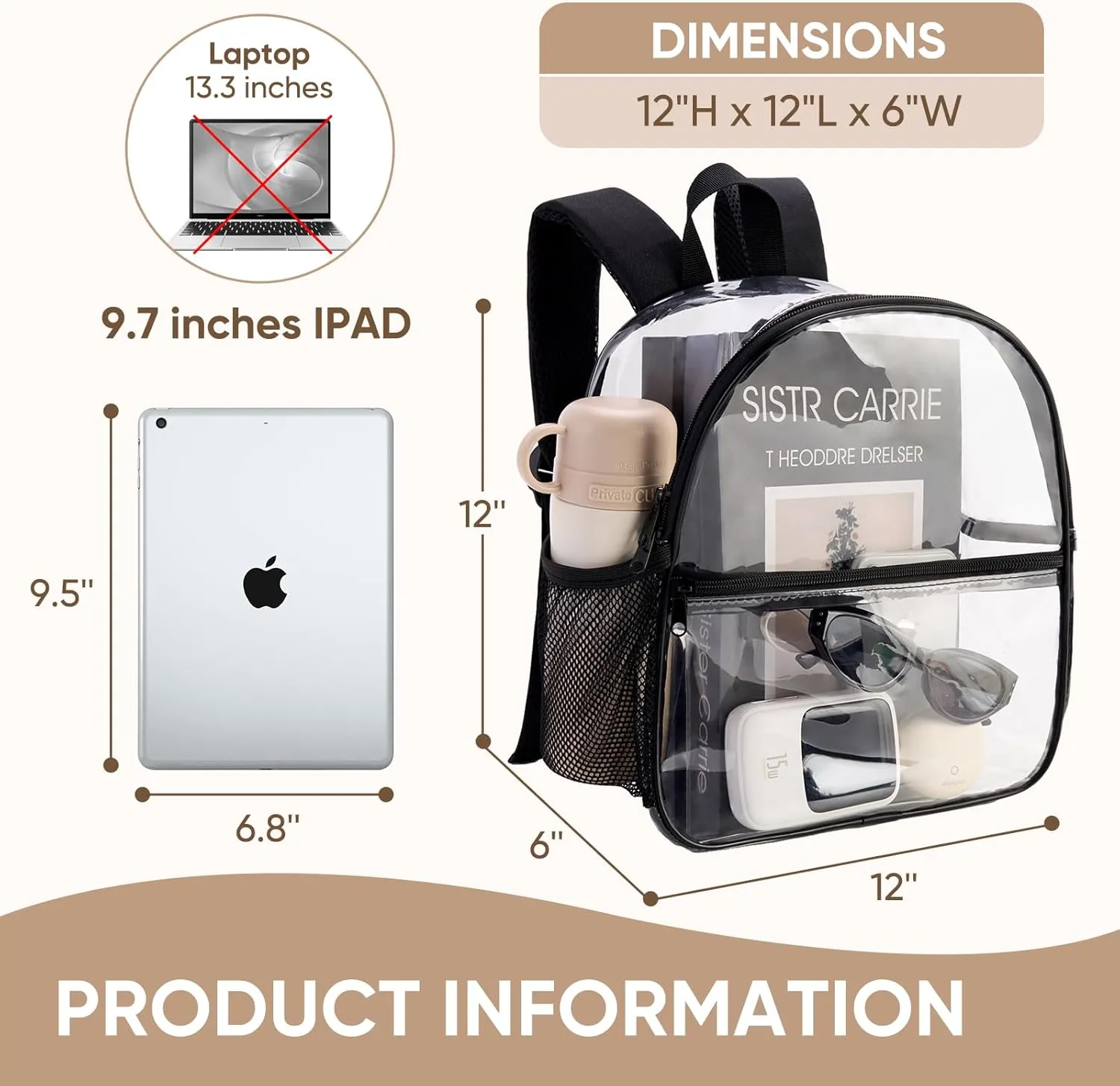 Clear Backpack Stadium Approved 12x6x12,Clear Bag for Stadium events Made of Waterproof PVC Plastic and Reinforced Shoulder Straps, it is Suitable for Sporting events, Schools, Concerts