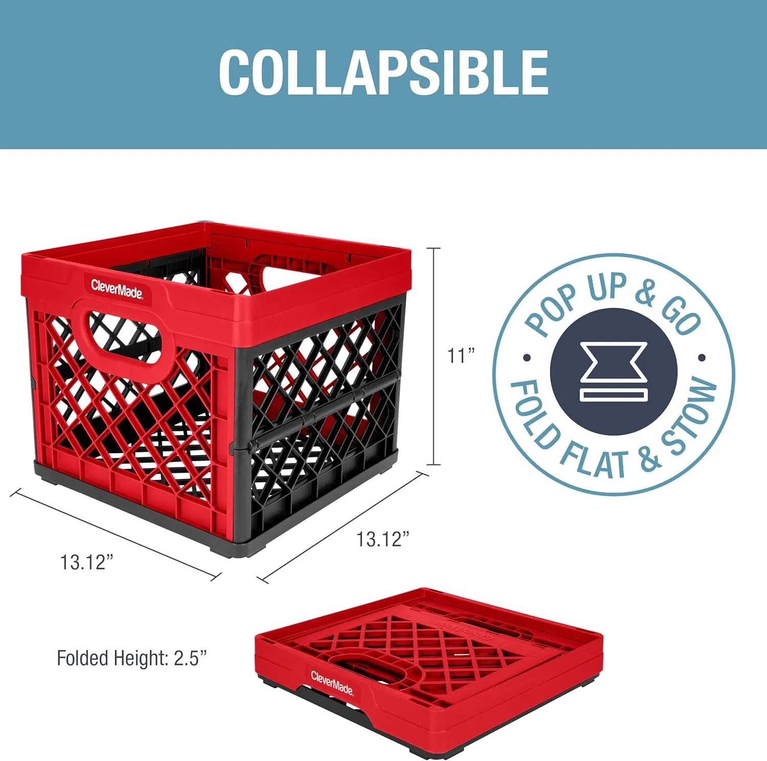CleverMade Collapsible Milk Crate, Red, 1PK - 25L (6 Gal) Stackable Storage Bins, Holds 50lbs Per Bin - Clevercrates are Heavy Duty, Plastic Collapsible Storage Crate for Multi Purposes