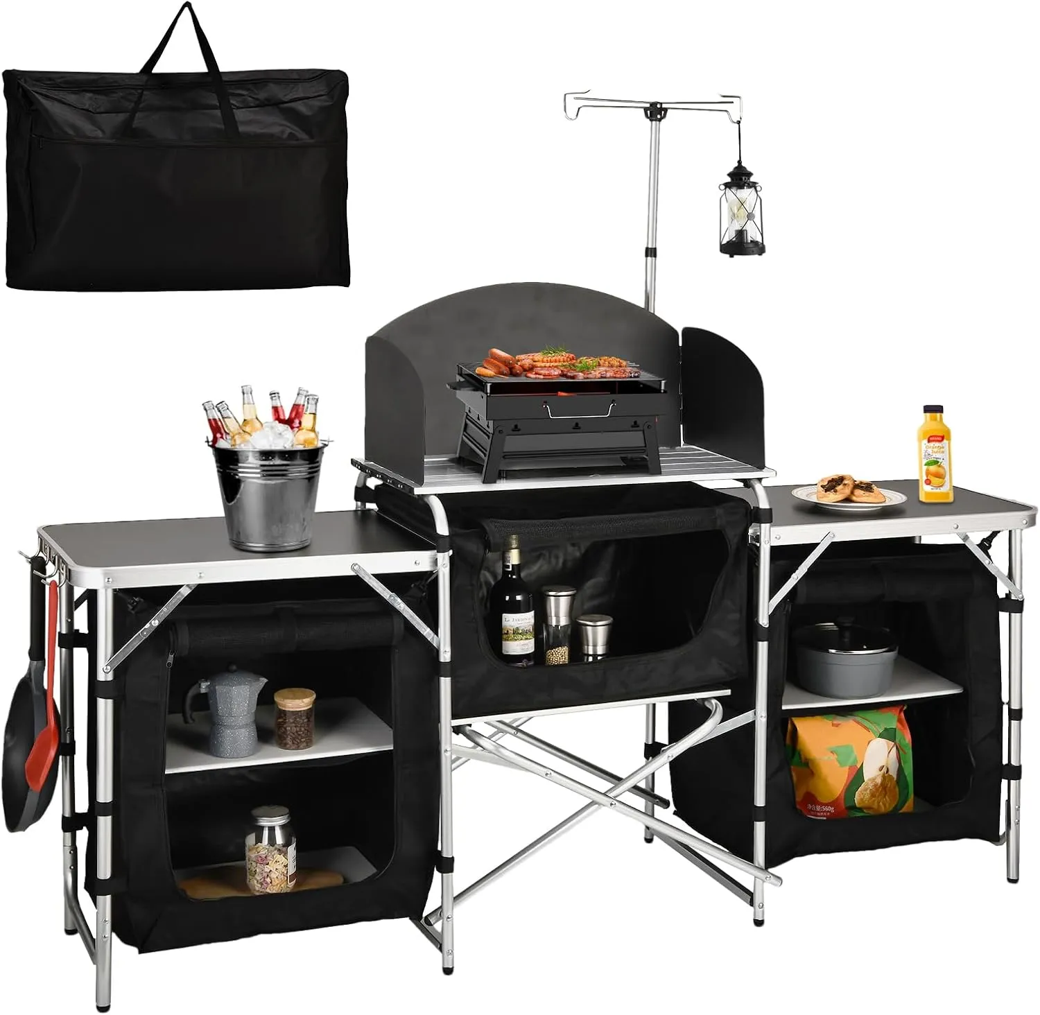 Cmaping KitchenTable, Aluminum Folding Camping Cook Station with Windshield, Upgrade Light Stand, Storage Bag, Quick Installation for Outdoor, Picnic, Cooking