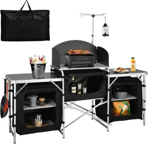 Cmaping KitchenTable, Aluminum Folding Camping Cook Station with Windshield, Upgrade Light Stand, Storage Bag, Quick Installation for Outdoor, Picnic, Cooking