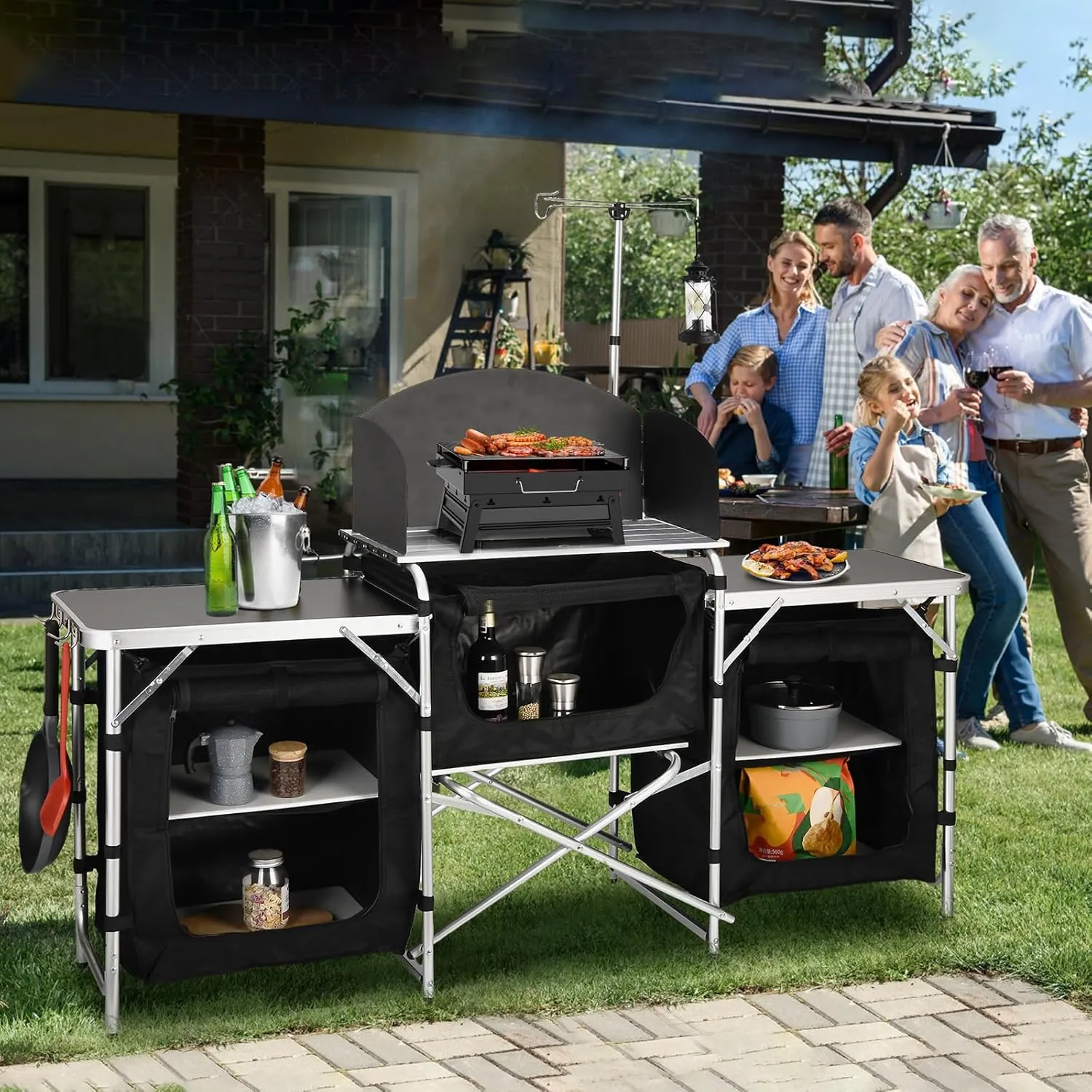 Cmaping KitchenTable, Aluminum Folding Camping Cook Station with Windshield, Upgrade Light Stand, Storage Bag, Quick Installation for Outdoor, Picnic, Cooking