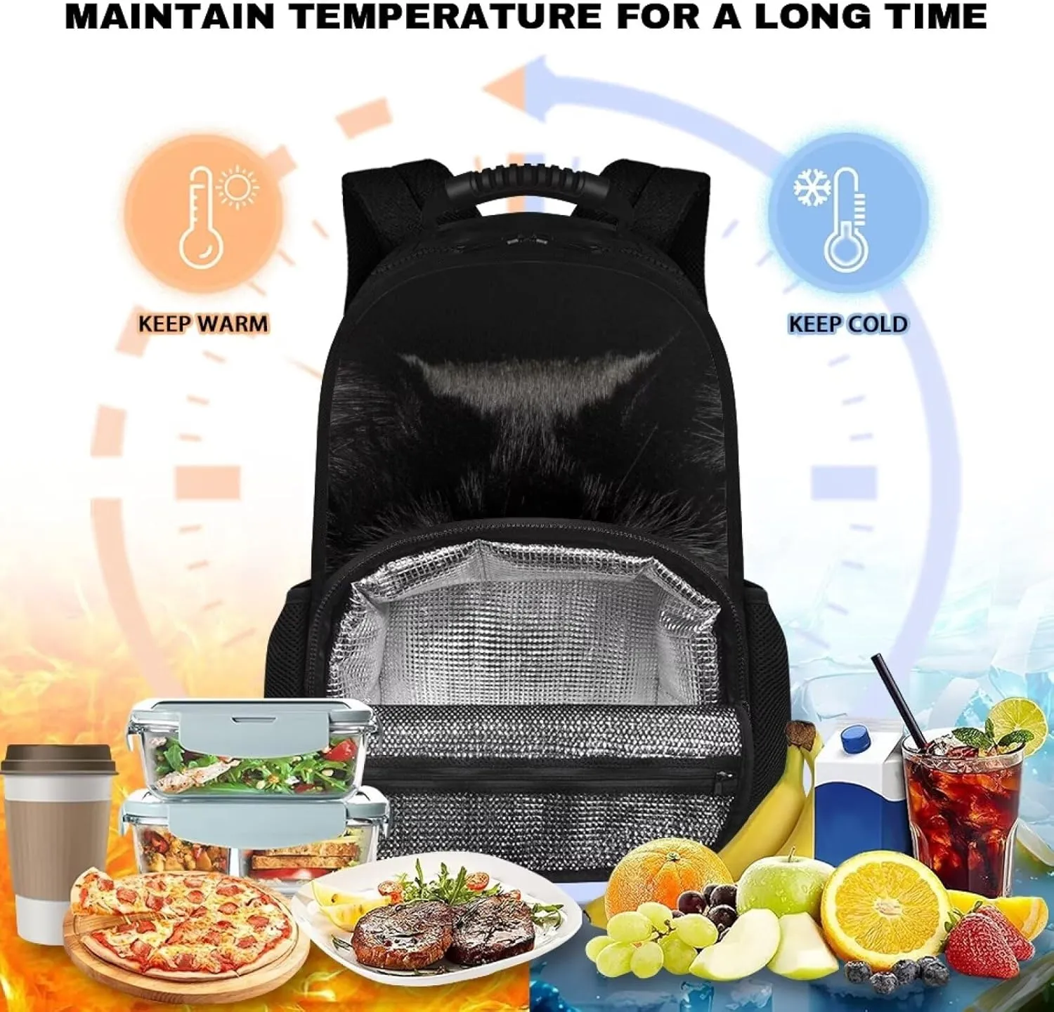 COEQINE Black 3D Cat Backpack with Lunch Box Compartment,Cute Insulated Cooler Backpack Lunch Box for Women Hiking Large Capacity Bookbag for Camping