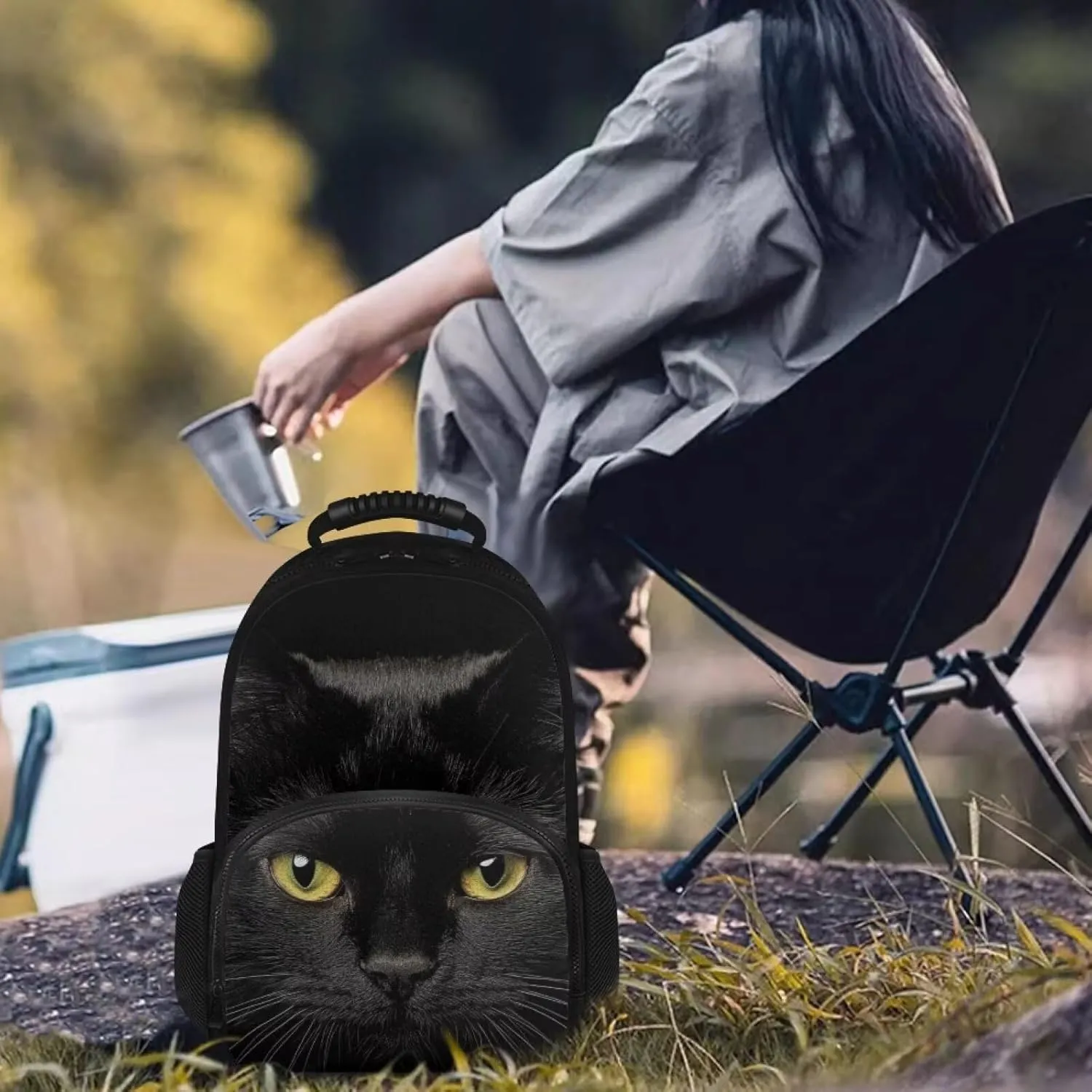 COEQINE Black 3D Cat Backpack with Lunch Box Compartment,Cute Insulated Cooler Backpack Lunch Box for Women Hiking Large Capacity Bookbag for Camping