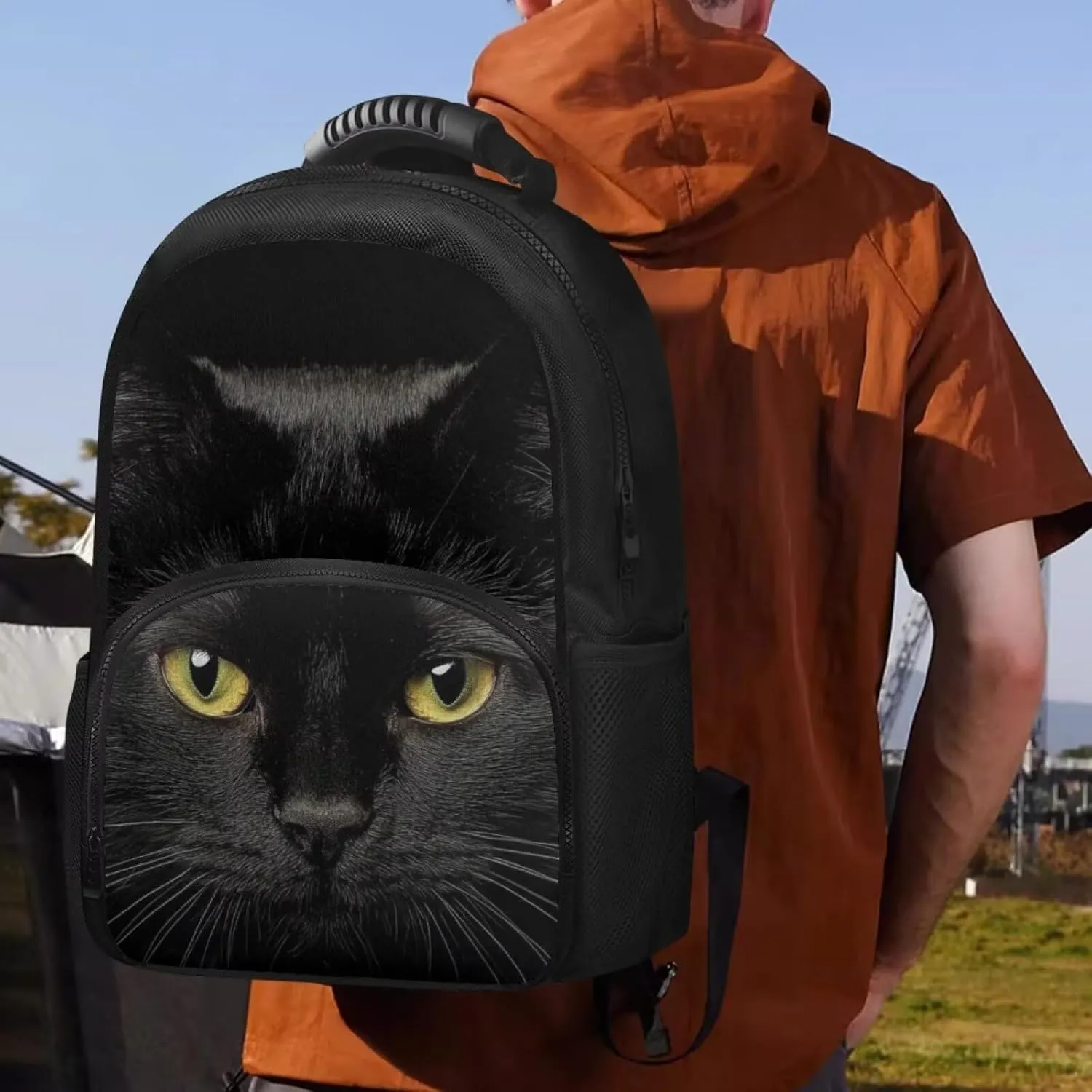 COEQINE Black 3D Cat Backpack with Lunch Box Compartment,Cute Insulated Cooler Backpack Lunch Box for Women Hiking Large Capacity Bookbag for Camping