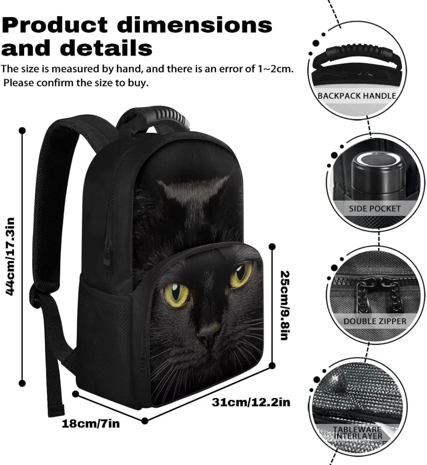 COEQINE Black 3D Cat Backpack with Lunch Box Compartment,Cute Insulated Cooler Backpack Lunch Box for Women Hiking Large Capacity Bookbag for Camping