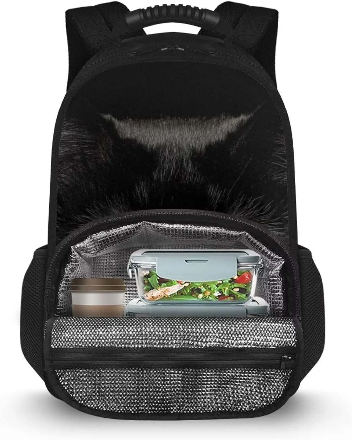 COEQINE Black 3D Cat Backpack with Lunch Box Compartment,Cute Insulated Cooler Backpack Lunch Box for Women Hiking Large Capacity Bookbag for Camping